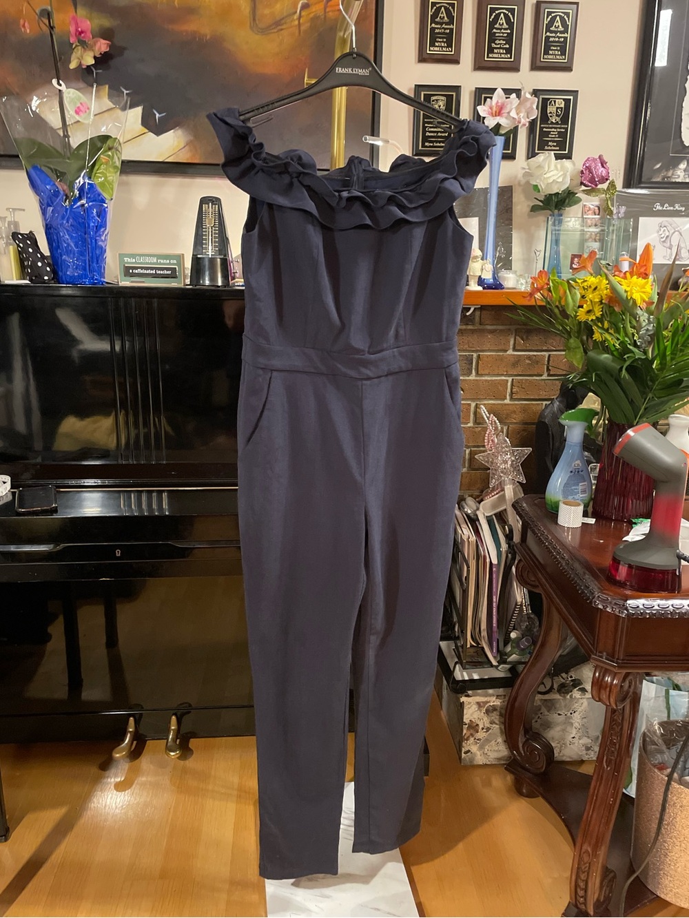 Frank Lyman Design Navy Off-Shoulder Ruffle Jumpsuit